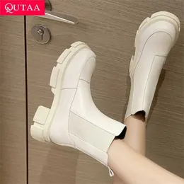 QUTAA 2022 패션 ins 정품 가죽 여성 발목 부츠 플랫폼 따뜻한 모피 높은 뒤꿈치 겨울 신발 ZA 여자 캐주얼 크기 34-41 211105