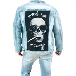 Jaquetas masculinas jaqueta jeans outono e inverno 2021 estilo crânio imprimir furo casual moda lapel top