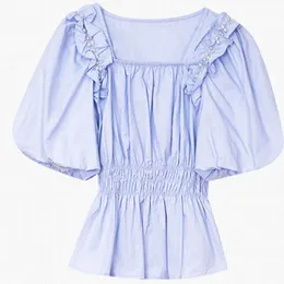 Sommer Mode Lässig Einfarbig Hemd Quadrat Kragen Perle Taille Bluse Blau Kurzarm Frauen Blusas W1052 210510
