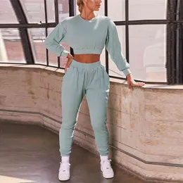 Höst Vinter Kvinnors Tracksuit Casual Fashion Long-Sleeved Crop Top And Pants Two-Piece Set Short Sweatshirt Suit Kvinnlig Outfit 210514