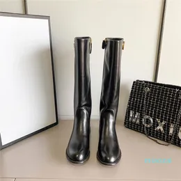 Designer classic woman Knee-high boots Fashion Ladies Black genuine Leathers Knight boots for Women flat shoes with-Double-G with box
