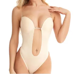 Woman Deep V Bodysuit Transparent Strap Backless Plunge Thong Push Up Padded Bra Body Shaper Suit Women's Shapers