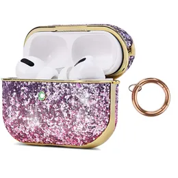 Bling Glitter Gradient Rainbow Placcatura a diamante pieno Accessori per cuffie Custodia protettiva antiurto con gancio portachiavi per Apple AirPods 1 2 Pro