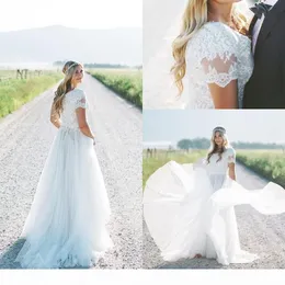 Short Sleeves Vintage Country Wedding Dresses Lace Applique Beaded Sweep Train Tulle Scoop Neck Custom Made Bridal Gown Plus Size Vestido De Novia 403