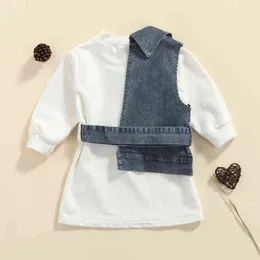 Niemowlę Dzieci Baby Fashion Girls Sukienka Kamizelka Z Zestawem Pas Moda Solid Color Długim Rękawem Dress Half Denim Kamizelka 2021 Nowa Moda G220217