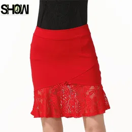 التنانير عالية الخصر المرأة الموضة All-Match Basic Wear Office Lady Workant Slim Cute Black Hollow Out Crochet Lace Skirt 5208