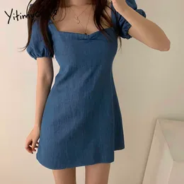 Yitimuceng denim klänningar för kvinnor Sommar Backless Sexig Koreansk Fashion Mini Klänning Kort Puff Sleeve A-Line Blue Sundress 210601