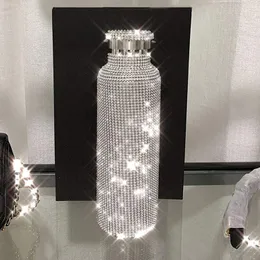 500 ml gnistrande diamantglas i rostfritt stål Bling Rhinestone vattenflaska Bärbar utomhusvattenkokare med lock