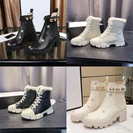 Klassisk läderdesigner tjocksolad öken Martin Boots White Bee Star Trail Lace-Up Winter Ladies High Heel Shoe Lace Bees High-Top Women's Flat Ankl E Boot's With Box