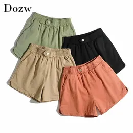 Summer Casual Solid Shorts Women Elastic Waist Basic Cotton Short Button Pocket Korean Lady Spodenki Damskie 210515