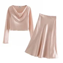 Vår och sommar Kvinnors Skirt Suit Elegant Satin Shirt Crop Top High Waist Two-Piece Set Ladies Kläder 210514
