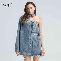 Asymmetrical Denim Dress For Women Lapel Long Sleeve Hollow Out Patchwork Tassel Streetwear Dresses Female Fashion Spring 210531