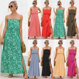 Fashion Off Shoulder Ruffle Stitching Maxi Dress Summer Sexy Tube Top Split es For Women Backless Long Robes 210517