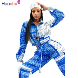 Haoohu Z Długim Rękawem Damskie Zestaw Paisley Bandanna Drukuj Dwa kawałek Zestaw Kurtka Crop Top Ołówek Spodnie Moda Dres Y0625