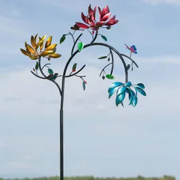 Large Metal Wind Spin With Three Flowers And Butterflies Windmill Yard Garden Decor Sculpture Home Ornaments Decorative Objects & Figurines