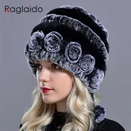 Raglaido winter hats for girl's fur hat real rex rabbit Cap floral Knitted Hat with balls skulls beanies 55-59cm LQ11280 211119