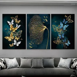 絵画ブルーとゴールドのカラフルな昆虫 3 ボードキャンバス絵画ポスターアートホームルームの装飾
