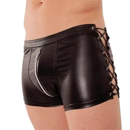 Underpants Men Faux Leather Boxer Shorts Wetlook Clubwear Strappy Zipper Front Gay Underwear Boxershorts Lingerie