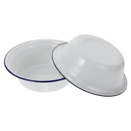 Bowls 2pcs Enamel Washing Basins Enamelware Soup Basin For Home (White)