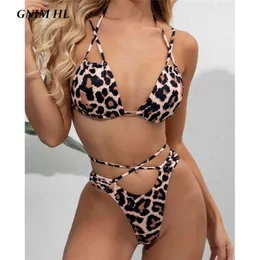 Gnim Leopard Baddräkt Kvinnor Bikini Mujer 2020 Sexig Bandage Backlswimwear Två bitar Sommar Beachwear Brazilian Bathing Suit X0522