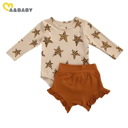 0-24 M Doğan Bebek Bebek Kız Yıldızı Leopar Giysileri Set Örme Romper Ruffles Şort Sonbahar Kıyafetler 210515