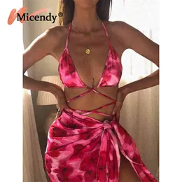 Mikedy Dragon Drukuj Bikinis Kobiety Trójkąt Swims Układy Trzy Kawałki Zestaw Letni Sarong Pływanie Garnitury Mesh Wrap Up Push Up Swimwear X0522