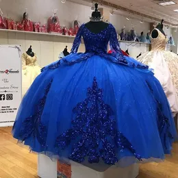 Königsblaue Pailletten glitzernde Quinceanera-Kleider mit langen Ärmeln, Ballkleid, süßes 16-Kleid, Vestidos de XV A￱os