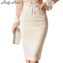 Summer Women Fashion Skirt Bowtie Empire Office Ladies Elegant Pencil Slim Mid White Femme 3XL Plus Storlek 210529