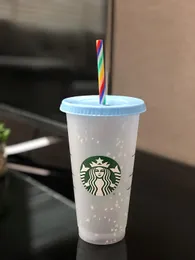 24oz / 710ml Starbucks Rainbow Plast Tumbler Återanvändbar Klar Drickande Platt Bottom Cup Pillar Shape Lid Straw Mug Bardian Tumblers GBN