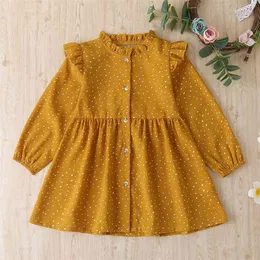 赤ちゃん/幼児の水玉模様の黄色い長袖のドレス210528