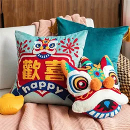 DUNXDECO Cushion Cover Decorative Pillow Joy Chinese Traditional Dance Lion Embroidery Cushion Cover Sofa Chair Bedding Coussin 210317