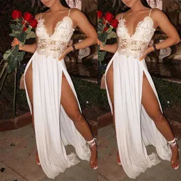 Guipure lace splicing plunge hot sale high slit maxi dress