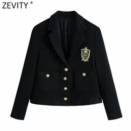 Zevity Women Englandスタイルバッジパッチブレストウールブレザーコートビンテージ長袖ポケット女性アウターワールドシックトップスCT663 210930