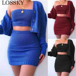 Fall Solid Sexy Office Lady Outfits 3 Piece Sets Women Knitted Cardigan Sweater Button Crop Top Mini Skirt 2 Two Set Suit 210507