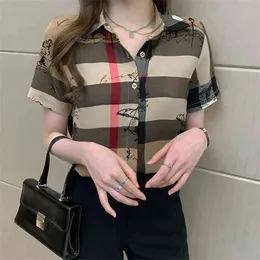 summer Fashion PIaid chiffon women blouse shirt printing short sleeve ladies camisas para mujer 210507