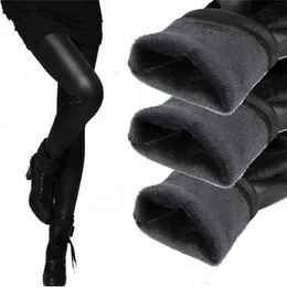 YSDNCHI Winter Leather Legginsy Damskie Spodnie Elastyczne Wysokie Talia Ciepłe Leggin Grube Velvet Black Push Up 211204