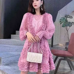 Kwiatowy Drukowana Mini Dress Summer Women Lampion Rękaw O-Neck Ruffles Cake Princess Fairy Girls Sweet Robe Femme 210514