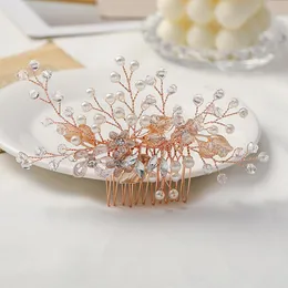 Moda Matrimonio Pettine in oro rosa Copricapo Accessori per capelli con strass di perle Sposa Tiara fatta a mano da donna Clip per gioielli da ballo Barrettes