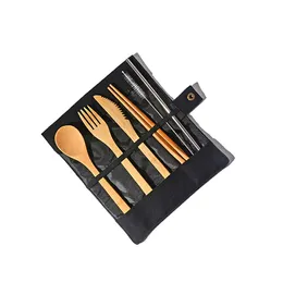 Wooden Dinnerware Set Bamboo Teaspoon Fork Soup Knife Catering Cutlery Sets with Cloth Bag Kitchen Cooking Tools Utensil KKA4445