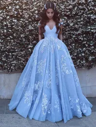 Blue Beautiful Sky Arabic Dubai V-neck Dress Special Ocn Dresses A-line Cap Sleeve Lace Appliques Long Wedding Gowns es