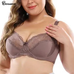 Beauwear 얇은 컵 브래지어 여성을위한 얇은 컵 브래지어 조정 스트랩 underwire 브래지어 섹시한 속옷 레이스 브 랄 레이스 란제리 탑 플러스 크기 38C-48DD 211110