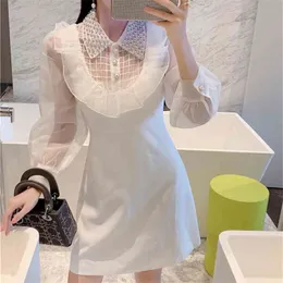 Lace Shirt Dress Nail Bead Women's Dresses Autumn Hollow Skinny Fashion Turndown Collar Botton Sukienka Robe Femme 210603