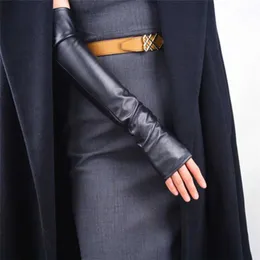 Women's Thin Long Fingerless Pu Leather Driving Gloves Winter Warm Half Finger Arm Sleeve Nightclub Show Touch Screen Mitten M36 220113