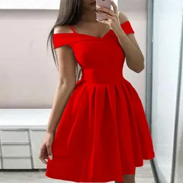 Casual Dresses Elegant Slash Neck Rem Princess Dress Kvinnor Sexig Av Skulder Backless Party Lady Solid A-Line Mini Vestido