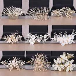 Fashion Wedding Hair Accessories Combs Pearl Crystal Tiaras Women Jewelry Gold Floral Freshwater Pearls Head Ornament 210707