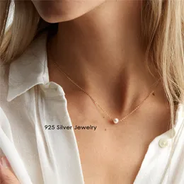 100% чистые 925 серебряные ожерелья подвески для женщин круглые пресноводные жемчужины ожерелье изящные украшения офис простой дизайн Bijoux