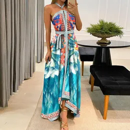 Dorywczo Dresses Kobiety Czeski Drukowane Maxi Sukienka Sexy Wysokie Split Summer Summer Beach Halter Bandaż Bez Rękawów Długi