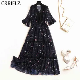 Crriflz longo impressão chiffon vestido mulheres laço borboleta manga v pescoço feminino meia verão escritório senhora 210520