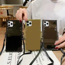2021 Designer Mirror Flower Phone Custodie per iPhone 12 Mini 11 Pro Max XS XR x 8 7 Plus Luxury Square Case Copertura posteriore con cordino
