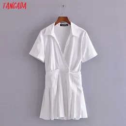 Tangada Summer Women French Style White Plised Shirt Sukienka Krótki Rękaw Damski Mini Sukienka Vestidos 3H245 210609